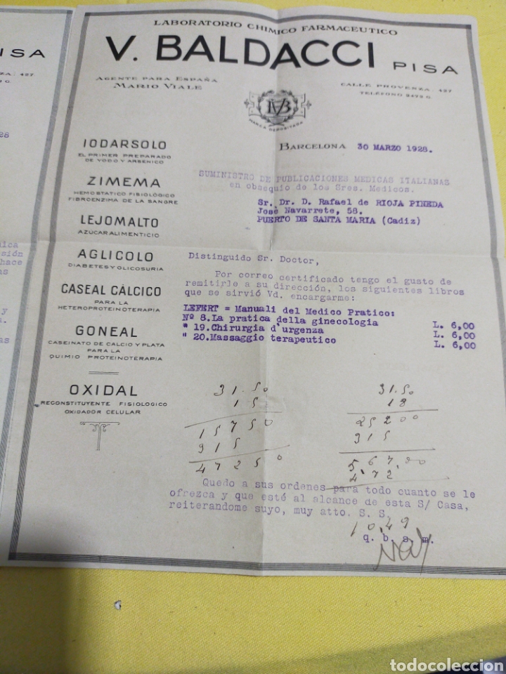 Facturas antiguas: ANTIGUAS FACTURAS V.BALDACCI PISA 1928 - Foto 3