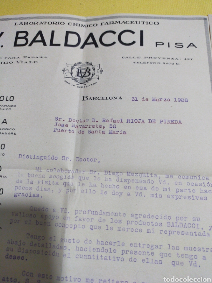 Facturas antiguas: ANTIGUAS FACTURAS V.BALDACCI PISA 1928 - Foto 4