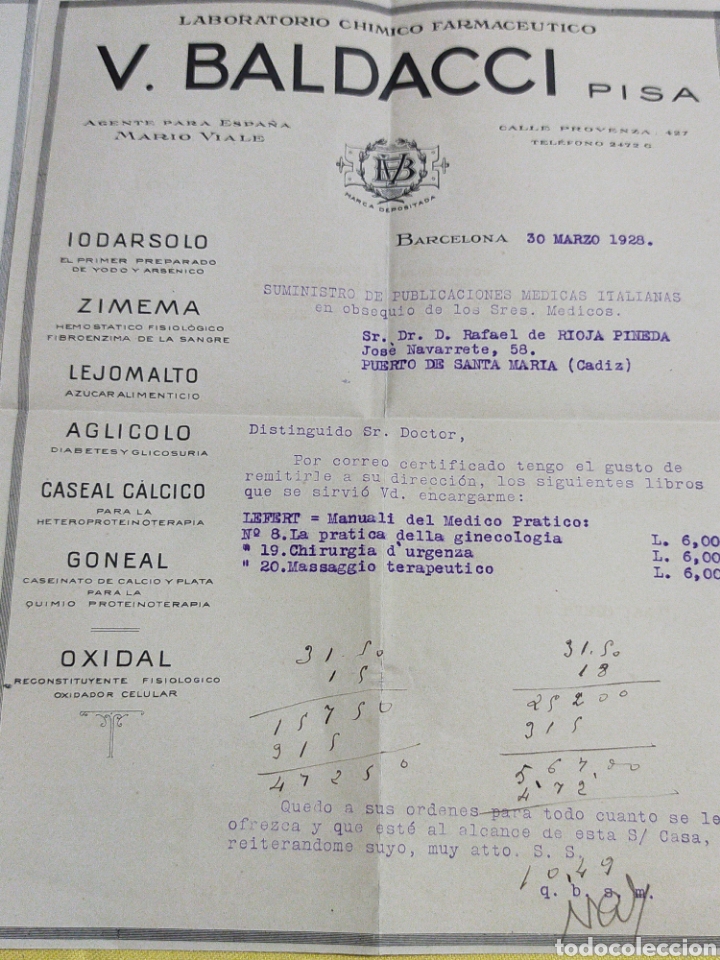 Facturas antiguas: ANTIGUAS FACTURAS V.BALDACCI PISA 1928 - Foto 5
