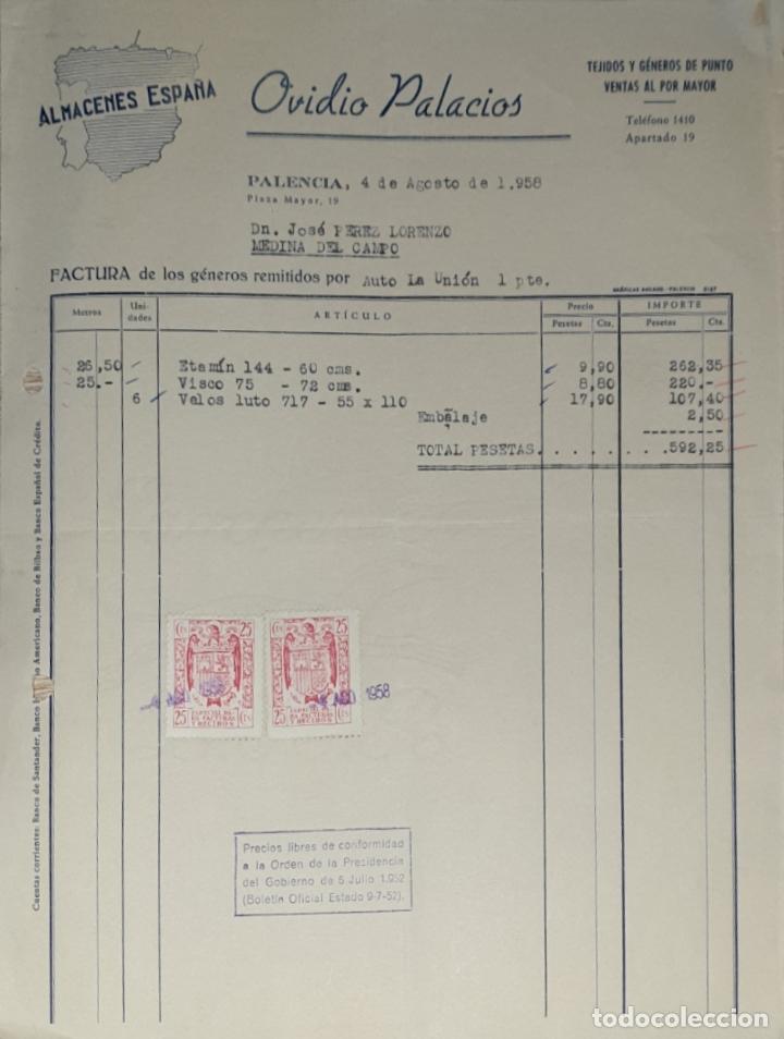 Facturas antiguas: Factura. Ovidio Palacios. Almacenes Espa&ntilde;a. Tejidos y g&eacute;neros de punto. Palencia. Espa&ntilde;a 1958