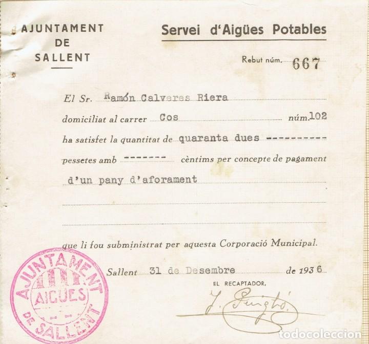 Factures anciennes: RECIBO AJUNTAMENT DE SALLENT SEVEI D&acute;AIG&Uuml;ES POTABLES 1936.