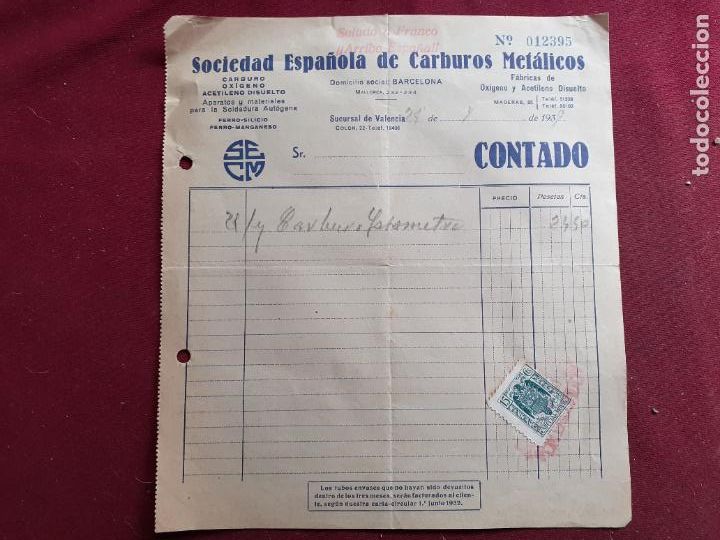 Facturas antiguas: Carburos Met&aacute;licos. Valencia. 1939. Marchamo de Saludo a Franco. Arriba Espa&ntilde;a