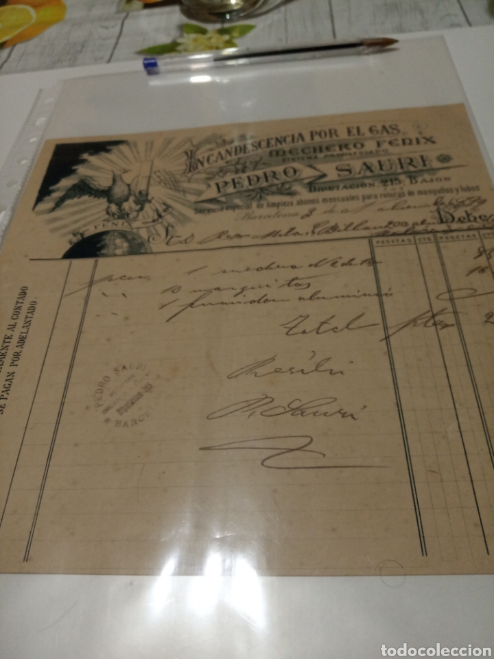 Facturas antiguas: Papel antiguo Incandescencia por el Gas mechero F&eacute;nix Pedro Sauri 1899