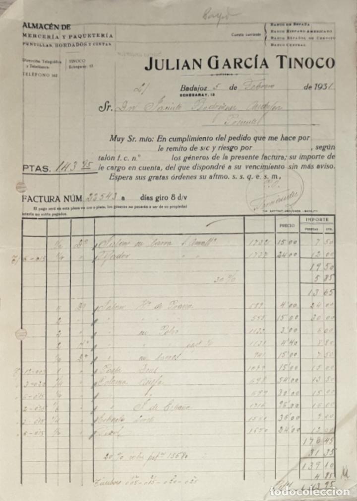 Alte Rechnungen: Factura. Julian Garc&iacute;a Tinoco. Almac&eacute;n de mercer&iacute;a y paqueter&iacute;a. Badajoz. Espa&ntilde;a 1931