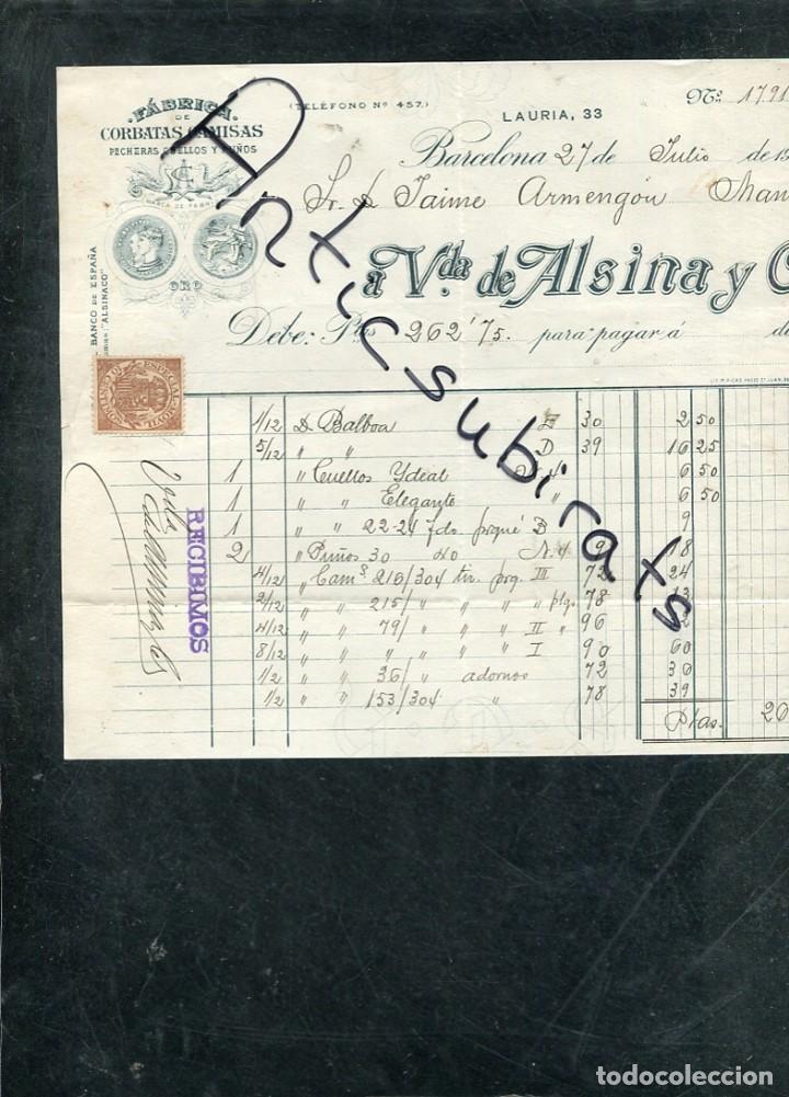Facturas antiguas: FACTURA VIUDA ALSINA FABRICA DE CORBATAS BARCELONA TIMBRE MOVIL SELLO A&Ntilde;O 1915