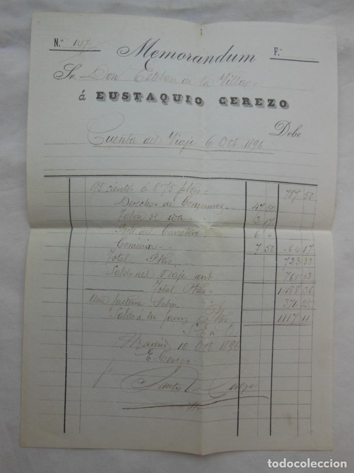 Facturas antiguas: MEMORANDUM, Cuenta del Viaje 6 octubre 1896. ESTEBAN DE LA VILLA, EUSTAQUIO CEREZO. Madrid