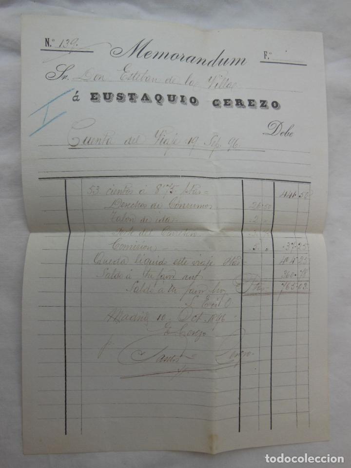 Facturas antiguas: MEMORANDUM, Cuenta del Viaje 19 septiembre 1896. ESTEBAN DE LA VILLA, EUSTAQUIO CEREZO. Madrid