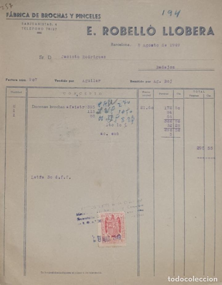 Old Invoices: Factura. E. Robell&oacute; Llobera. F&aacute;brica de brochas y Pinceles. Barcelona. Espa&ntilde;a 1949