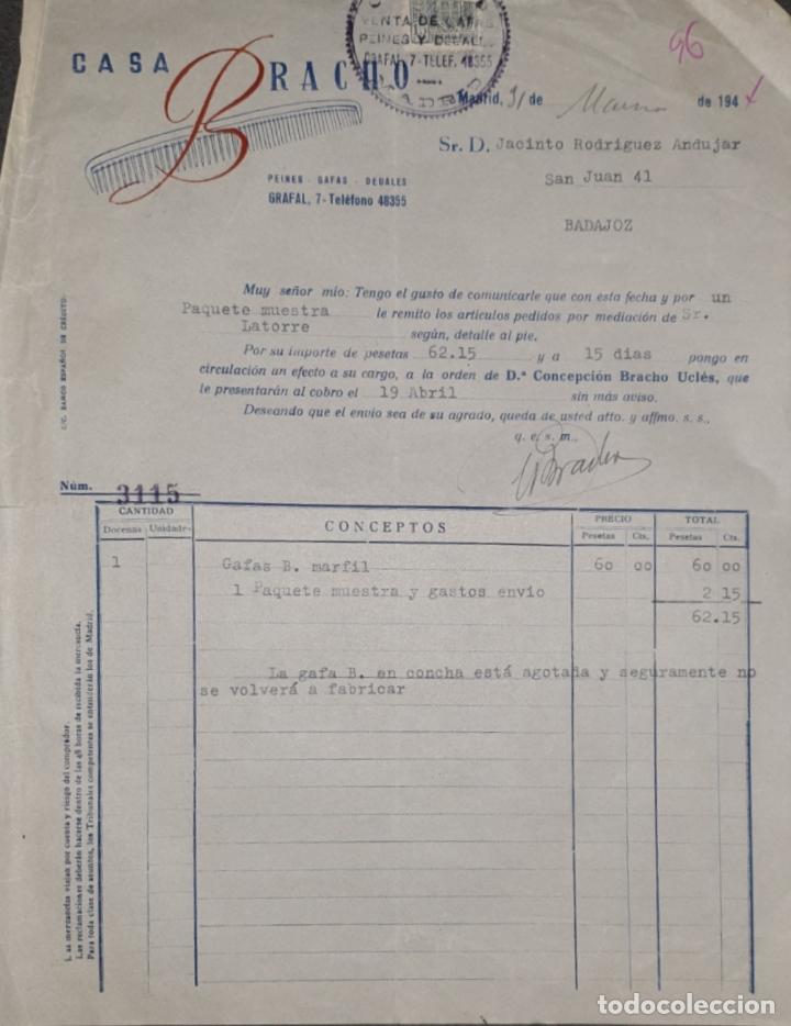 Fatture antiche: Factura. Casa Bracho. Peines-Gafas-Dedales. Madrid. Espa&ntilde;a 1944