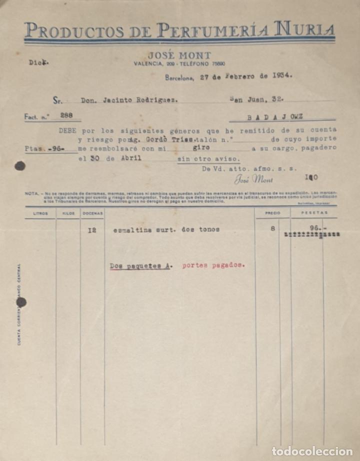 Facturas antiguas: Factura. Jos&eacute; Mont. Productos de perfumer&iacute;a Nuria. Valencia. Espa&ntilde;a 1934