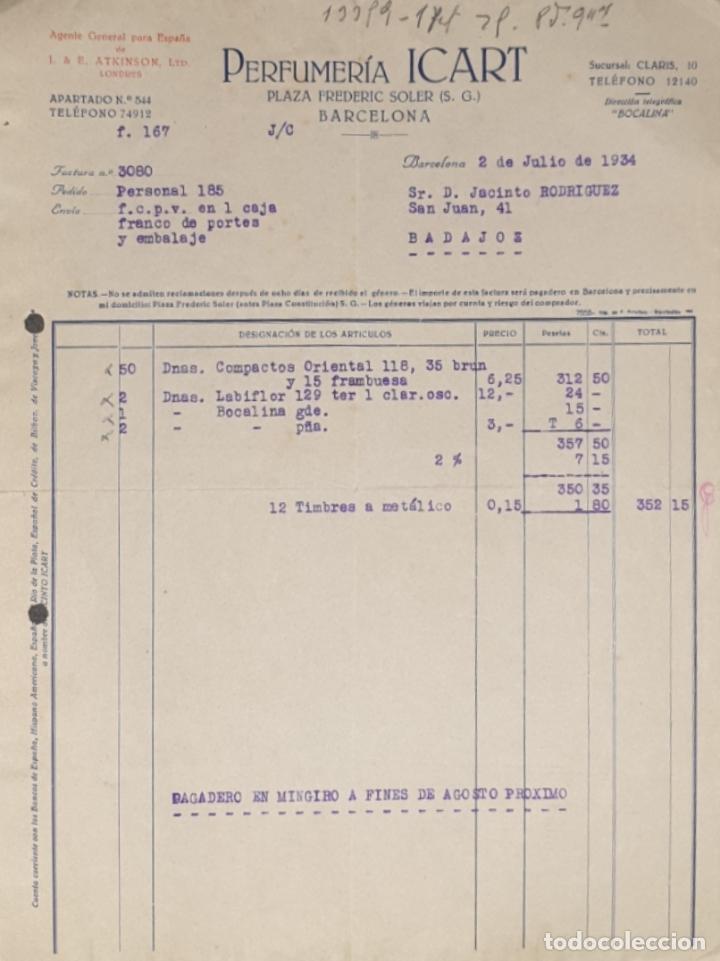 Facturas antiguas: Factura. Perfumer&iacute;a Icart. Barcelona. Espa&ntilde;a 1934