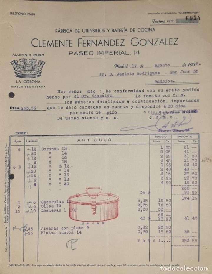 Factures anciennes: Factura. Clemente Fernandez Gonzalez. F&aacute;brica utensilios y bater&iacute;a cocina. MAdrid 1935