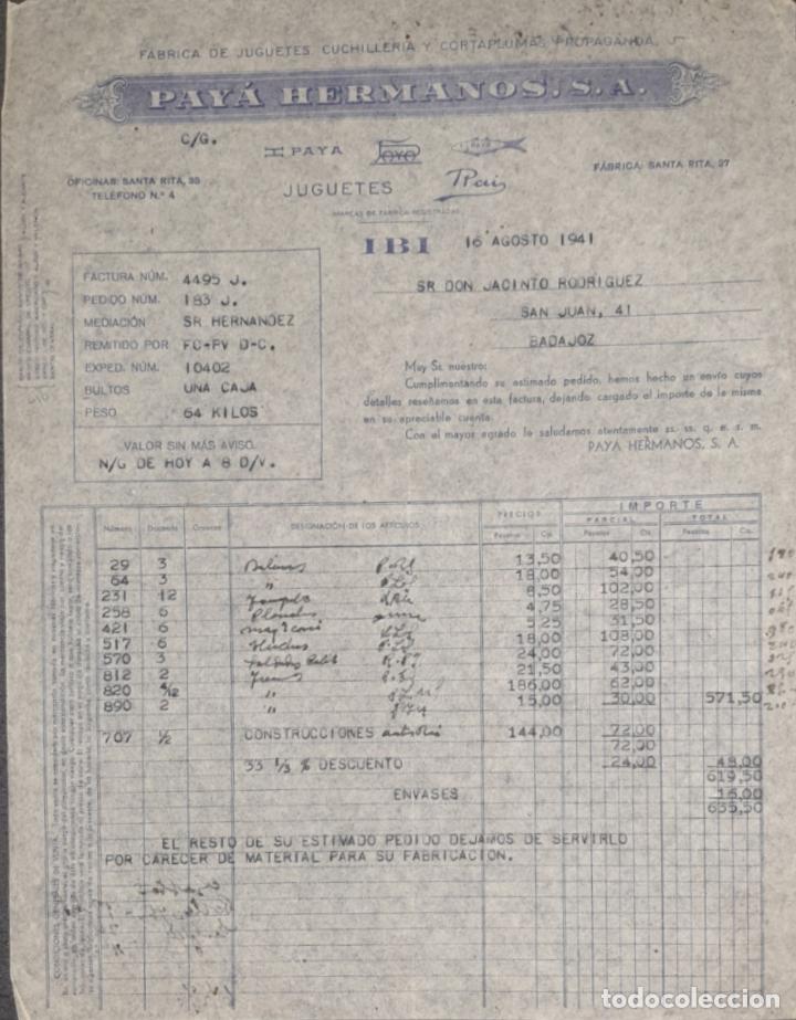 Factures anciennes: Factura. Pay&aacute; Hermanos S.A. F&aacute;brica de juguetes. 1941