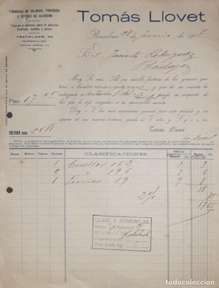 Factures anciennes: Factura. Tom&aacute;s Llovet. F&aacute;bricas de hilados y tejidos de algod&oacute;n. Barcelona. Espa&ntilde;a 1917