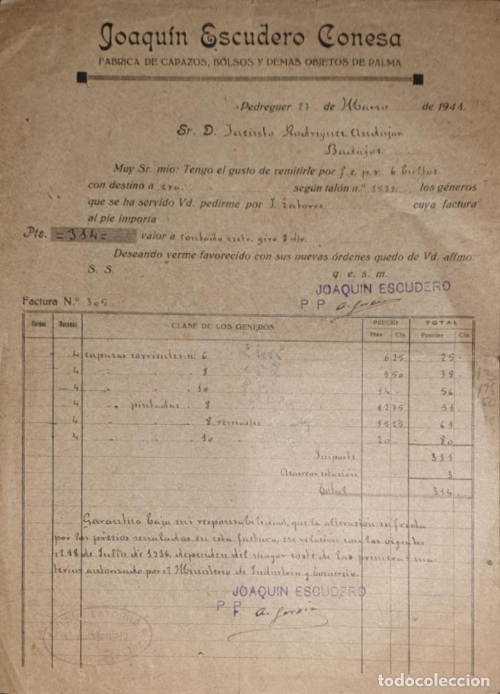 Old Invoices: Factura. Joaquin Escudero Conesa. F&aacute;brica de capazos, bolsos y objetos palma. Pedreguer 1941