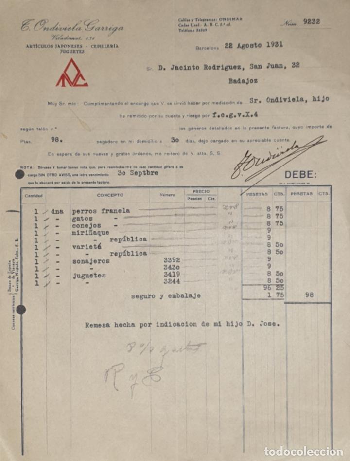 Old Invoices: Factura. T. Ondiviela Garriga. Art&iacute;culos Japonenes-Cepiller&iacute;a-Juguetes. Barcelona. Espa&ntilde;a 1931