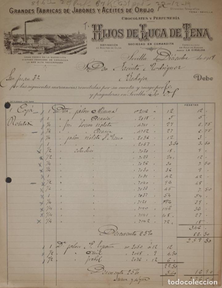 Old Invoices: Factura. Hijos de Luca de Tena S.en C. Grandes f&aacute;bricas de jabones y aceites. Sevilla. Espa&ntilde;a 1919
