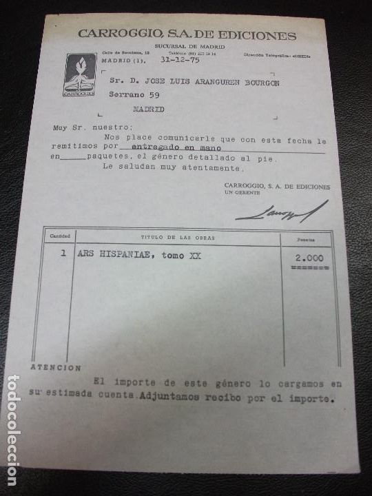 Facturas antiguas: FACTURA DE MADRID CARROGGIO EDICIONES - Foto 1