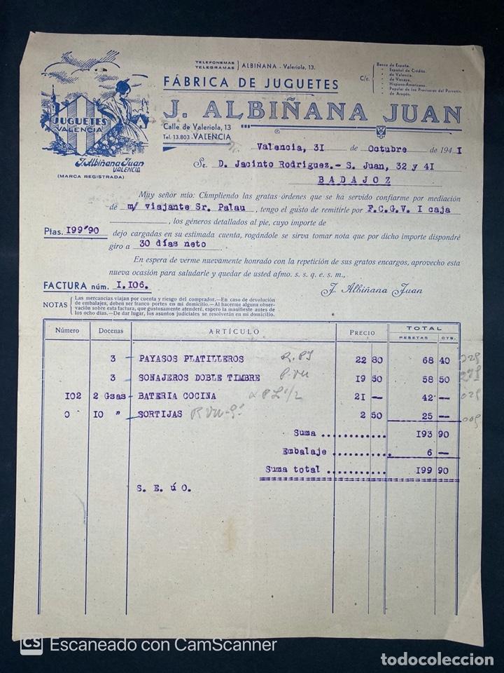 Fatture antiche: FACTURA. FABRICA DE JUGUETES. J. ALBI&Ntilde;ANA JUAN. JUGUETES VALENCIA. VALENCIA, 1941. VER FOTOS