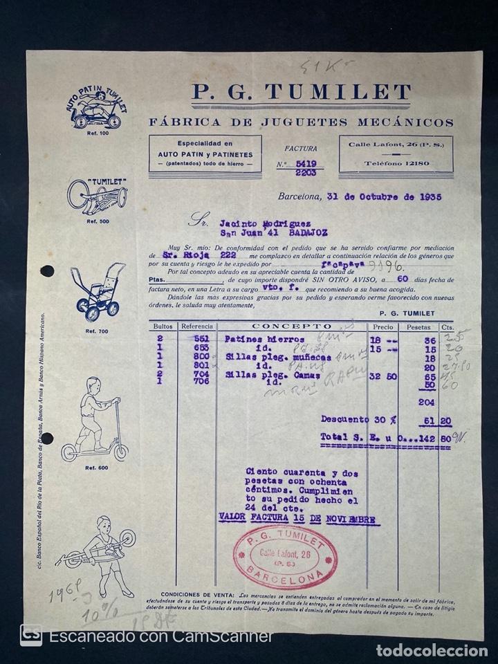 Old Invoices: FACTURA. P.G. TUMILET. FABRICA DE JUGUETES MECANICOS. BARCELONA, 1935. VER FOTOS