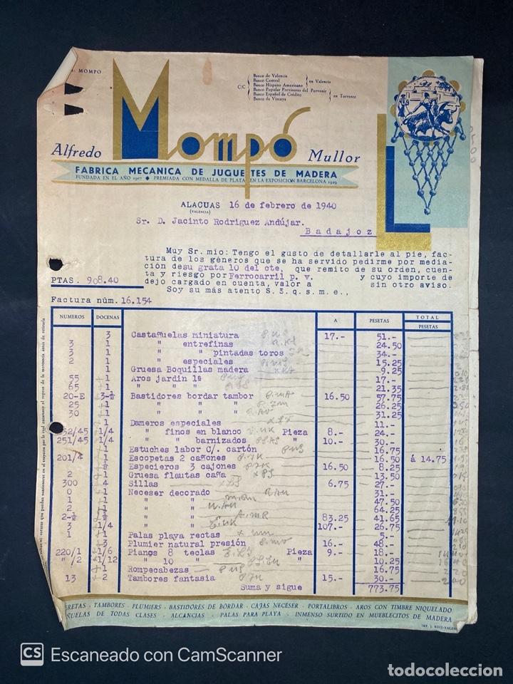 Old Invoices: FACTURA. ALFREDO MOMP&Oacute; MULLOR. FABRICA MECANICA DE JUGUETES DE MADERA. ALACUAS-VALENCIA, 1940