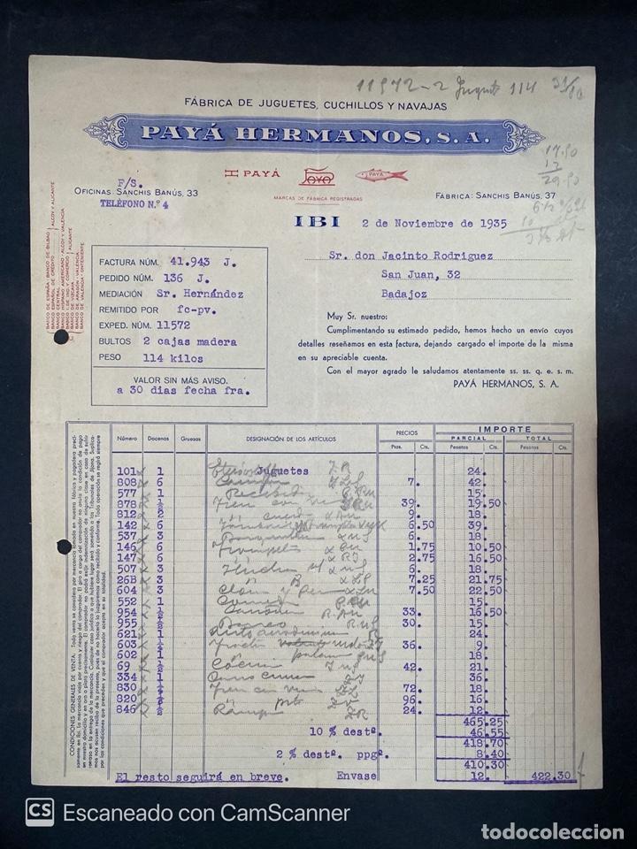 Facturas antiguas: FACTURA. PAY&Aacute; HERMANOS S.A. FABRICA DE JUGUETES, CUCHILLOS Y NAVAJAS. IBI-ALICANTE, 1935.
