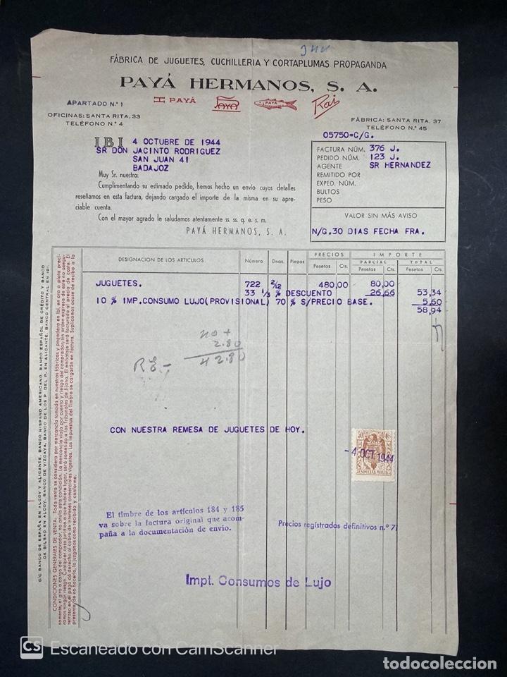 Facturas antiguas: FACTURA. PAY&Aacute; HERMANOS S.A. FABRICA DE JUGUETES, CUCHILLERIA Y CORTAPLUMAS. IBI-ALICANTE, 1944.