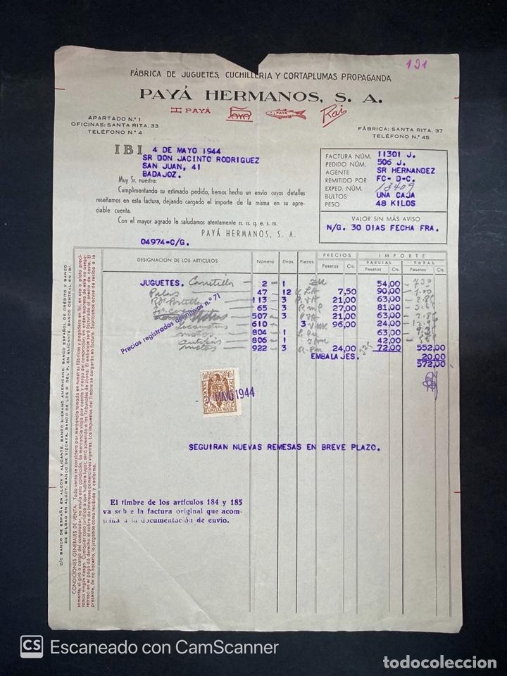 Facturas antiguas: FACTURA. PAY&Aacute; HERMANOS S.A. FABRICA DE JUGUETES, CUCHILLERIA Y CORTAPLUMAS. IBI-ALICANTE, 1944.