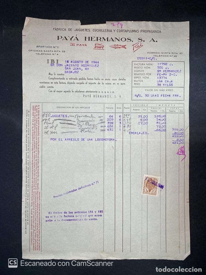 Facturas antiguas: FACTURA. PAY&Aacute; HERMANOS S.A. FABRICA DE JUGUETES, CUCHILLERIA Y CORTAPLUMAS. IBI-ALICANTE, 1944.
