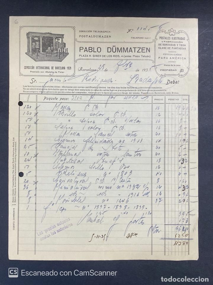 Faturas antigas: FACTURA. PABLO D&Uuml;MMATZEN. POSTALES ILUSTRADAS Y FABRICACION DE BORDADAS. BARCELONA, 1935. VER FOTOS