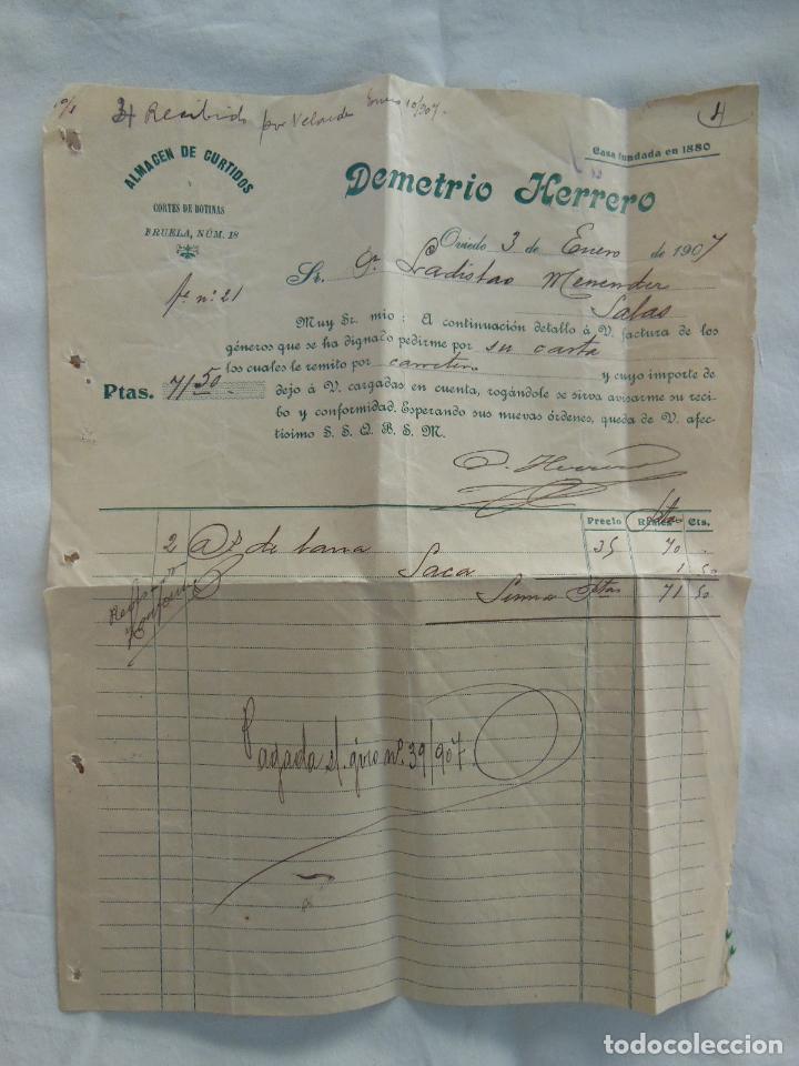 Facturas antiguas: Factura : DEMETRIO HERRERO, ALMACEN DE CURTIDOS Y CORTES DE BOTINAS. Oviedo 1907