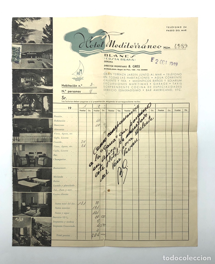 Facturas antiguas: FACTURA HOTEL MEDITERR&Aacute;NEO BLANES COSTA BRAVA A&Ntilde;O 1949