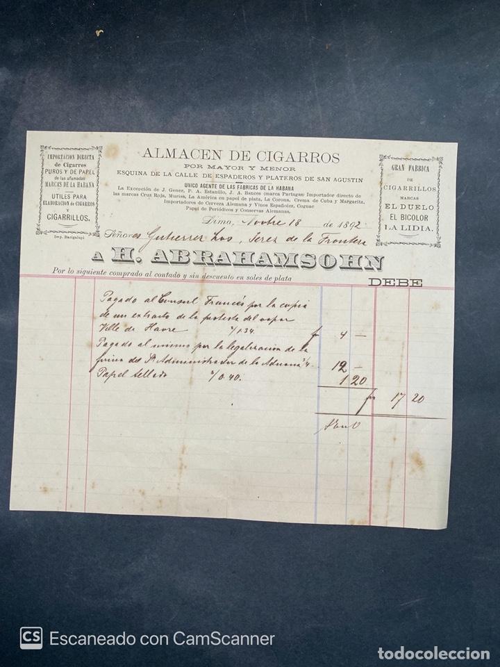 Old Invoices: FACTURA. ALMACEN DE CIGARROS. H. ABRAHAMSOHN. PERU, LIMA. 1892.