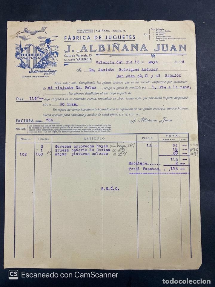 Fatture antiche: FACTURA. FABRICA DE JUGUETES. J. ALBI&Ntilde;ANA JUAN. VALENCIA, 1941. VER FOTOS