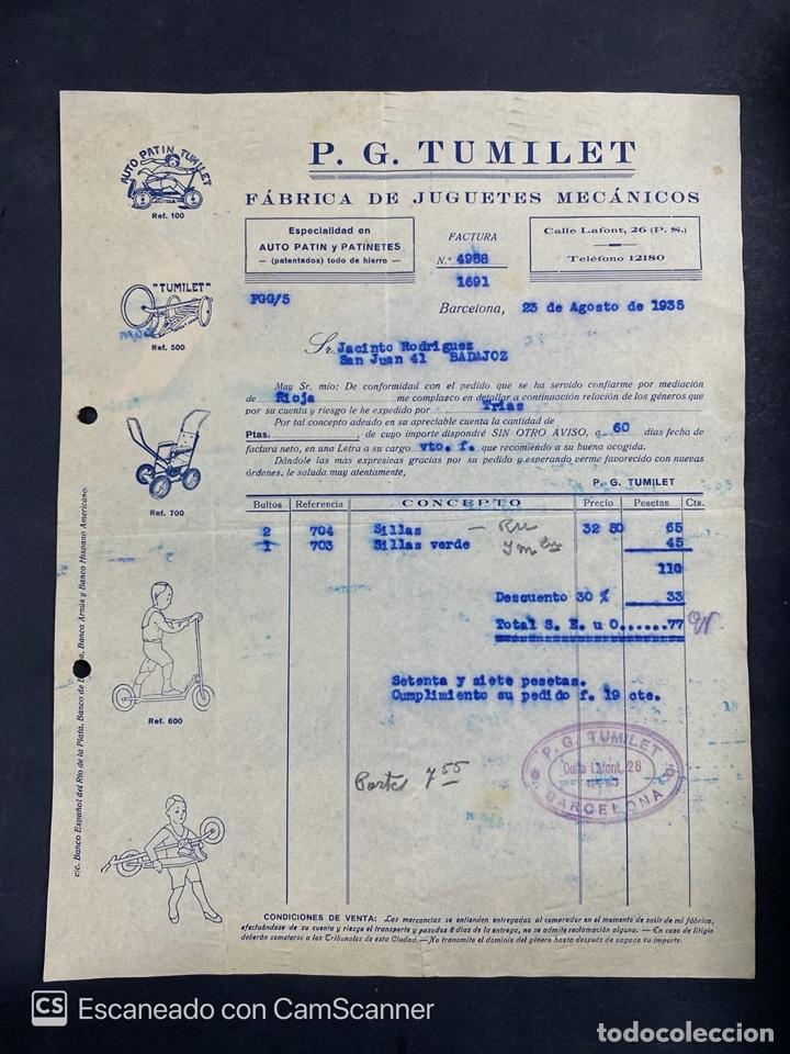 Old Invoices: FACTURA. P.G. TUMILET. FABRICA DE JUGUETES MECANICOS. BARCELONA, 1935. VER FOTOS