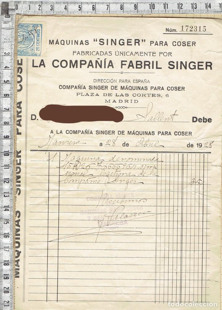 Old Invoices: FACTURA MAQUINAS SINGER PARA COSER 1928.