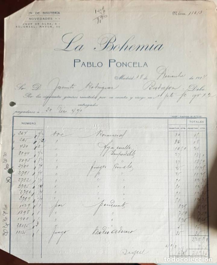 Factures anciennes: Factura. Pablo Poncela. Almacenes La Bohemia. Bisuter&iacute;a-Quincalla. Madrid 1924