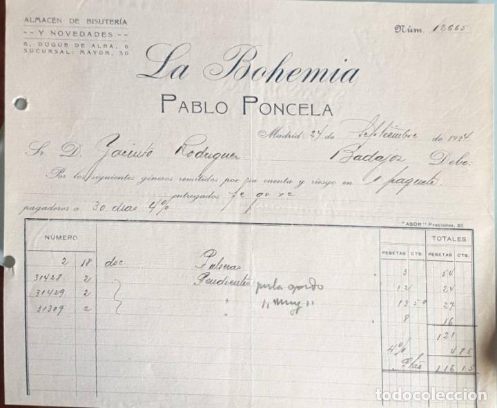 Factures anciennes: Factura. Pablo Poncela. Almacenes La Bohemia. Bisuter&iacute;a-Quincalla. Madrid 1924