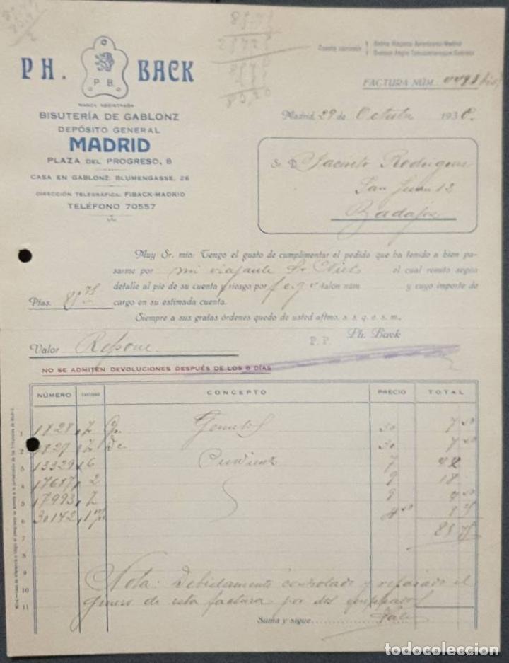 Faturas antigas: Factura. Ph. Back. Bijouterie de Fantaisie. Madrid. Espa&ntilde;a 1930