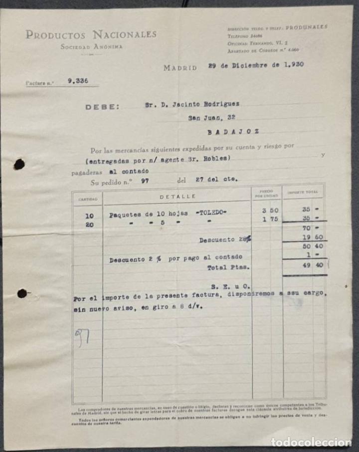 Faturas antigas: Factura. Productos Nacionales. S.A. Madrid. Espa&ntilde;a 1930