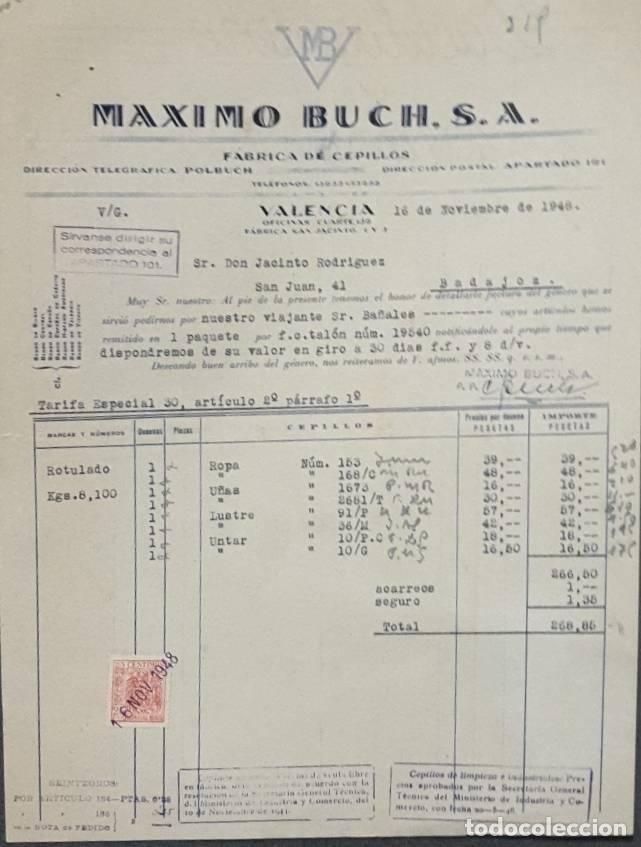 Faturas antigas: Factura. Maximo Buch S.A. F&aacute;brica de cepillos. Valencia. Espa&ntilde;a 1948