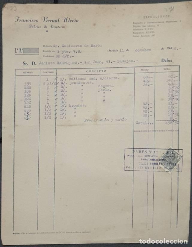 Faturas antigas: Factura. Francisco Bernal Ulecia. F&aacute;brica de bisuter&iacute;a. Sevilla. Espa&ntilde;a 1948