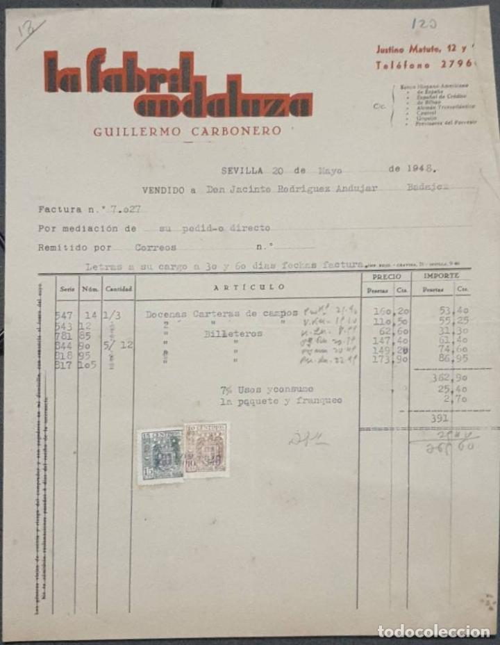 Faturas antigas: Factura. Guillermo Carbonero. La Fabril Andaluza. Sevilla. Espa&ntilde;a 1948