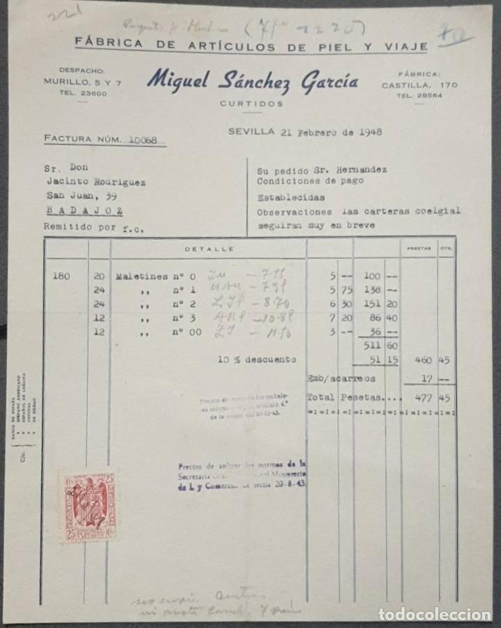 Faturas antigas: FActura. Miguel S&aacute;nchez Garc&iacute;a. F&aacute;brica de art&iacute;culos de piel y viaje. Sevilla. Espa&ntilde;a 1948
