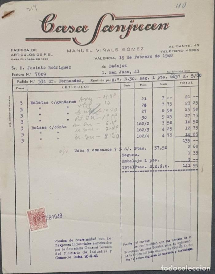Faturas antigas: Factura. Manuel Vi&ntilde;als G&oacute;mez. Casa Sanjuan. Valencia. Espa&ntilde;a 1948