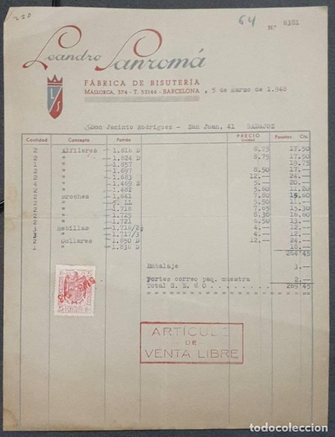 Faturas antigas: Factura. Leandro Sanrom&aacute;. F&aacute;brica de bisuter&iacute;a. Barcelona. Espa&ntilde;a 1948