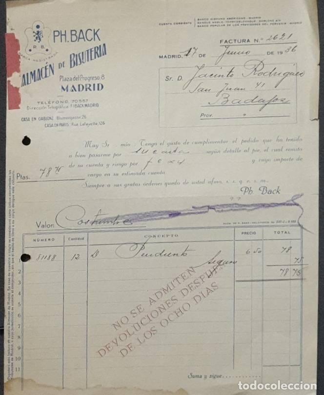 Faturas antigas: Factura. Ph Back. Bisuter&iacute;a de Gablonz. Madrid. Espa&ntilde;a 1936
