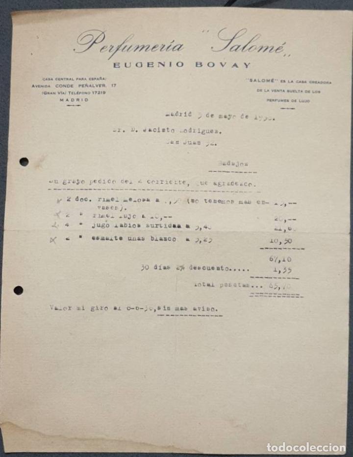 Faturas antigas: Factura. Eugenio Bovay. Perfumer&iacute;a Salom&eacute;. Madrid. Espa&ntilde;a 1936
