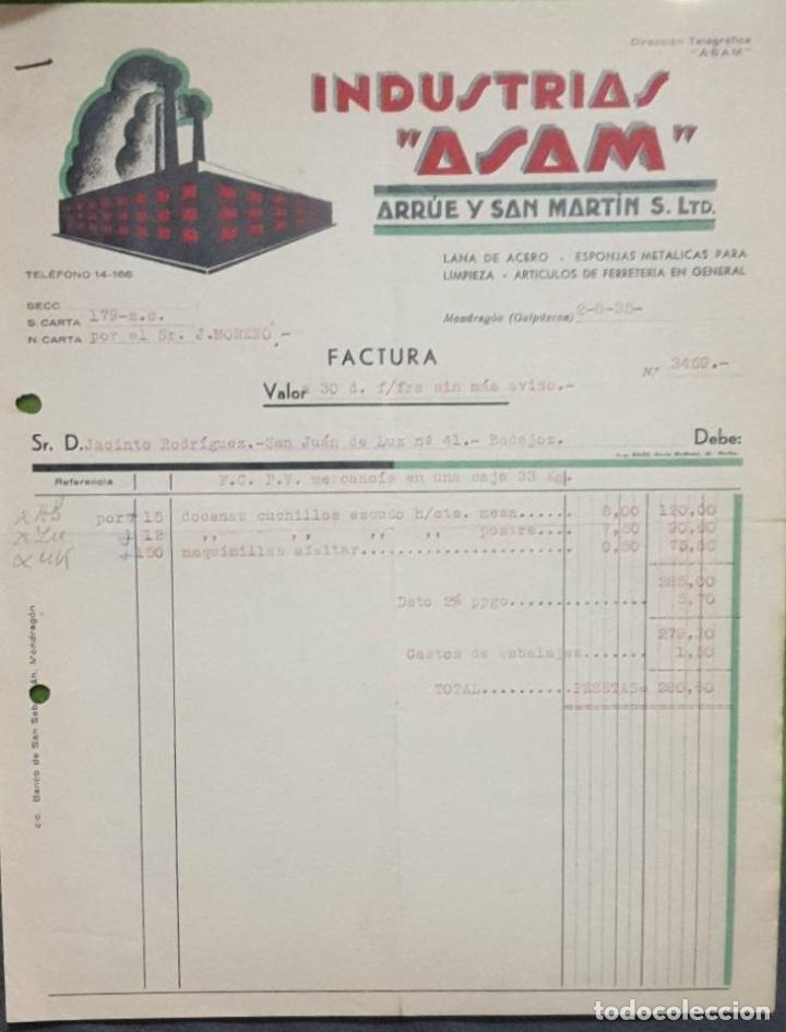 Old Invoices: Factura. Arr&uacute;e y San Mart&iacute;n S.Ltd. Industrias Asam. Guip&uacute;zcoa. Espa&ntilde;a 1935