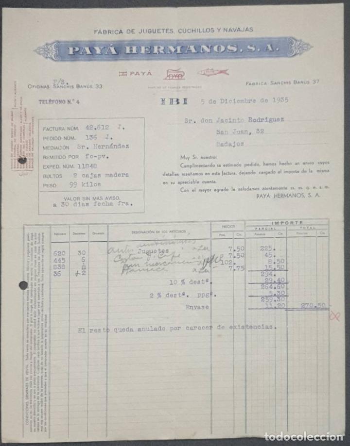 Facturas antiguas: Factura. Pay&aacute; Hermanos S.A. F&aacute;brica de juguetes. 1935